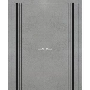 Planum Solid French Double Doors | Planum 0011 Concrete and Aluminum Strips | Wood Solid Panel Frame Trims | Closet Bedroom Sturdy Doors