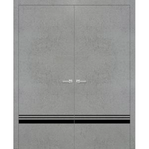 Planum Solid French Double Doors | Planum 0012 Concrete and Aluminum Strips | Wood Solid Panel Frame Trims | Closet Bedroom Sturdy Doors