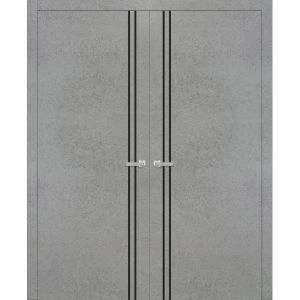 Planum Solid French Double Doors | Planum 0016 Concrete and Aluminum Strips | Wood Solid Panel Frame Trims | Closet Bedroom Sturdy Doors