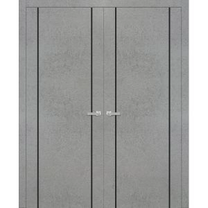 Solid French Double Doors | Planum 0017 Concrete and Aluminum Strips | Wood Solid Panel Frame Trims | Closet Bedroom Sturdy Doors -36" x 80" (2* 18x80)