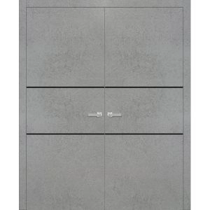 Planum Solid French Double Doors | Planum 0014 Concrete and Aluminum Strips | Wood Solid Panel Frame Trims | Closet Bedroom Sturdy Doors