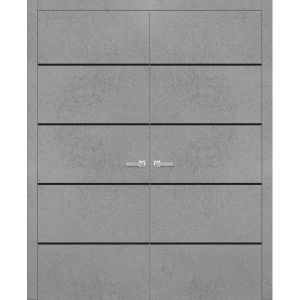Planum Solid French Double Doors | Planum 0015 Concrete and Aluminum Strips | Wood Solid Panel Frame Trims | Closet Bedroom Sturdy Doors