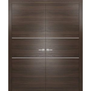 Solid French Double Doors | Planum 0110 Chocolate Ash and Aluminum Strips | Wood Solid Panel Frame Trims | Closet Bedroom