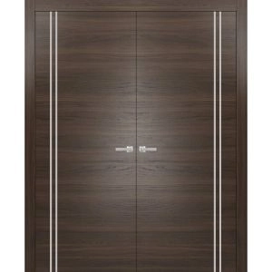 Solid French Double Doors | Planum 0310 Chocolate Ash and Aluminum Strips | Wood Solid Panel Frame Trims | Closet Bedroom