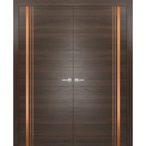 Solid French Double Doors | Planum 1010 Chocolate Ash and Aluminum Strips | Wood Solid Panel Frame Trims | Closet Bedroom