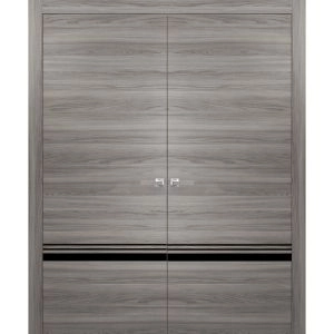 Solid French Double Doors | Planum 0012 Ginger Ash and Aluminum Strips | Wood Solid Panel Frame Trims | Closet Bedroom