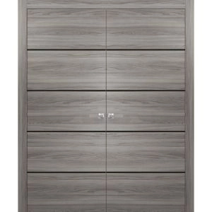Solid French Double Doors | Planum 0015 Ginger Ash and Aluminum Strips | Wood Solid Panel Frame Trims | Closet Bedroom