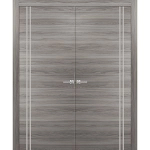 Solid French Double Doors | Planum 0310 Ginger Ash and Aluminum Strips | Wood Solid Panel Frame Trims | Closet Bedroom
