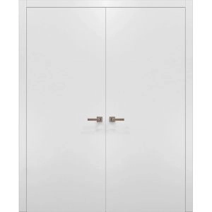 Solid French Double Doors | Planum 0010 White Silk | Wood Solid Panel Frame Trims | Closet Bedroom