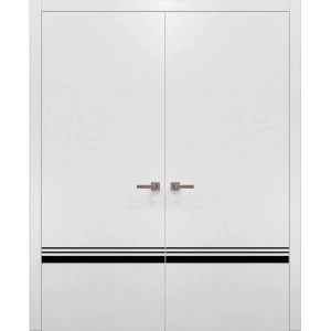 Solid French Double Doors | Planum 0012 White Silk and Aluminum Strips | Wood Solid Panel Frame Trims | Closet Bedroom