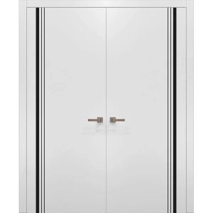 Solid French Double Doors | Planum 0011 White Silk and Aluminum Strips | Wood Solid Panel Frame Trims | Closet Bedroom
