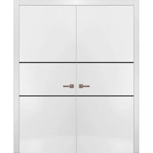Solid French Double Doors | Planum 0014 White Silk and Aluminum Strips | Wood Solid Panel Frame Trims | Closet Bedroom