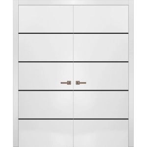 Solid French Double Doors | Planum 0015 White Silk and Aluminum Strips | Wood Solid Panel Frame Trims | Closet Bedroom