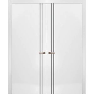 Solid French Double Doors | Planum 0016 White Silk and Aluminum Strips | Wood Solid Panel Frame Trims | Closet Bedroom