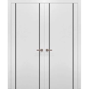 Solid French Double Doors | Planum 0017 White Silk and Aluminum Strips | Wood Solid Panel Frame Trims | Closet Bedroom-36" x 80" (2* 18x80)