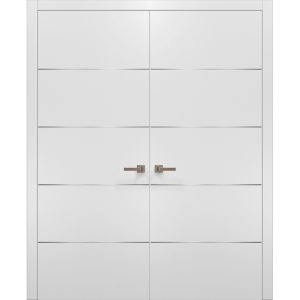 Planum 0020 Interior Double Pre-hung Closet Doors White Silk with Trims Frame Handles