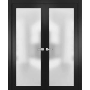 Planum 2102 Interior Double Pre-hung Closet Doors White Silk with Trims Frame Handles