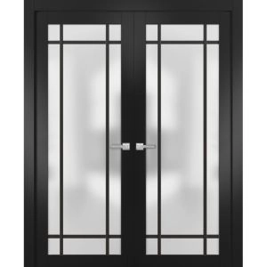 Solid French Double Doors | Planum 2112 Matte Black with Frosted Glass and Aluminum Strips | Wood Solid Panel Frame Trims | Closet Bedroom Sturdy Doors