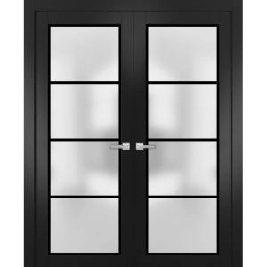 Solid French Double Doors | Planum 2132 Matte Black with Frosted Glass and Aluminum Strips | Wood Solid Panel Frame Trims | Closet Bedroom Sturdy Doors