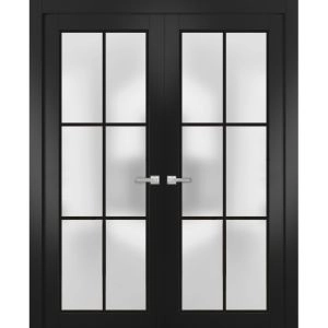 Solid French Double Doors | Planum 2122 Matte Black with Frosted Glass and Aluminum Strips | Wood Solid Panel Frame Trims | Closet Bedroom Sturdy Doors