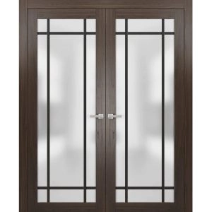 Solid French Double Doors | Planum 2112 Chocolate Ash with Frosted Glass and Aluminum Strips | Wood Solid Panel Frame Trims | Closet Bedroom Sturdy Doors