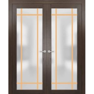 Solid French Double Doors | Planum 2113 Chocolate Ash with Frosted Glass and Aluminum Strips | Wood Solid Panel Frame Trims | Closet Bedroom Sturdy Doors