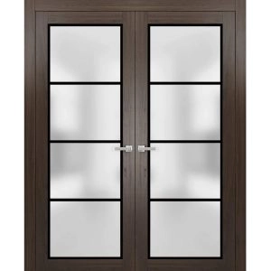 Solid French Double Doors | Planum 2132 Chocolate Ash with Frosted Glass and Aluminum Strips | Wood Solid Panel Frame Trims | Closet Bedroom Sturdy Doors