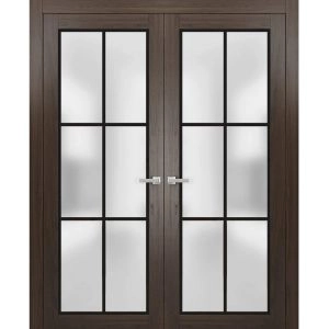 Solid French Double Doors | Planum 2122 Chocolate Ash with Frosted Glass and Aluminum Strips | Wood Solid Panel Frame Trims | Closet Bedroom Sturdy Doors