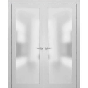 Solid French Double Doors | Planum 2102 White Silk with Frosted Glass | Wood Solid Panel Frame Trims | Closet Bedroom Sturdy Doors
