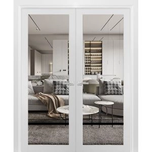 Solid French Double Doors | Lucia 2666 White Silk with Clear Glass and Aluminum Strips | Wood Solid Panel Frame Trims | Closet Bedroom Sturdy Doors