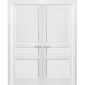 French Double Panel Solid Doors with Hardware | Lucia 31 White Silk | Pre-hung Panel Frame Trims | Bathroom Bedroom Interior Sturdy Door