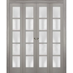 Sliding Closet Double Bi-fold Doors | Quadro 4002 Ginger Ash with Frosted Glass | Sturdy Tracks Moldings Trims Hardware Set | Wood Solid Bedroom Wardrobe Doors 