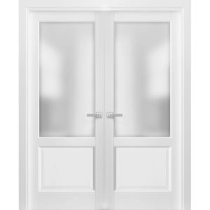 French Double Panel Lite Doors with Hardware | Lucia 22 White Silk with Frosted Opaque Glass | Pre-hung Panel Frame Trims | Bathroom Bedroom Interior Sturdy Door