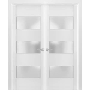 Solid French Double Doors 3 Lites | Lucia 4070 White Silk with Frosted Glass | Wood Solid Panel Frame Trims | Closet Bedroom Sturdy Doors 