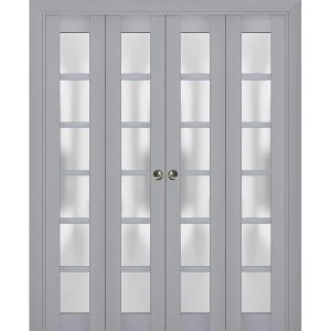 Sliding Closet Double Bi-fold Doors | Veregio 7602 Matte Grey with Frosted Glass | Sturdy Tracks Moldings Trims Hardware Set | Wood Solid Bedroom Wardrobe Doors 