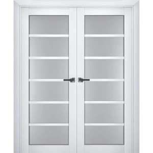 Interior Solid French Double Doors | Veregio 7602 White Silk with Frosted Glass | Wood Solid Panel Frame Trims | Closet Bedroom Sturdy Doors 