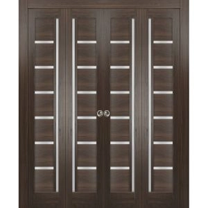 Sliding Closet Double Bi-fold Doors | Quadro 4088 Chocolate Ash with Frosted Glass | Sturdy Tracks Moldings Trims Hardware Set | Wood Solid Bedroom Wardrobe Doors 
