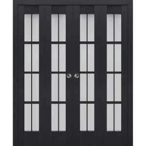 Sliding Closet Double Bi-fold Doors | Veregio 7412 Antracite with Frosted Glass | Sturdy Tracks Moldings Trims Hardware Set | Wood Solid Bedroom Wardrobe Doors 