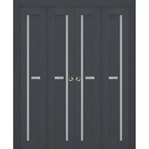 Sliding Closet Double Bi-fold Doors | Veregio 7288 Antracite with Frosted Glass | Sturdy Tracks Moldings Trims Hardware Set | Wood Solid Bedroom Wardrobe Doors 