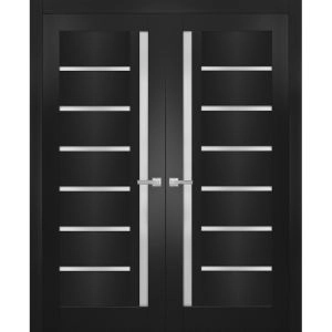 Solid French Double Doors | Quadro 4088 Matte Black with Frosted Glass | Wood Solid Panel Frame Trims | Closet Bedroom Sturdy Doors 
