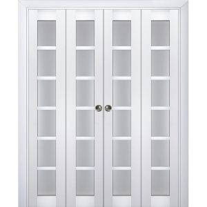 Sliding Closet Double Bi-fold Doors | Veregio 7602 White Silk with Frosted Glass | Sturdy Tracks Moldings Trims Hardware Set | Wood Solid Bedroom Wardrobe Doors 