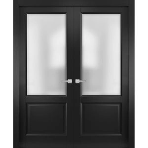 Solid French Double Doors | Lucia 22 Matte Black with Frosted Glass | Wood Solid Panel Frame Trims | Closet Bedroom Sturdy Doors 