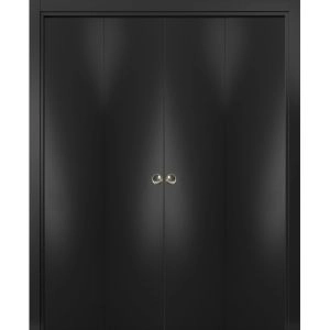 Sliding Closet Double Bi-fold Doors | Planum 0010 Matte Black | Sturdy Tracks Moldings Trims Hardware Set | Wood Solid Bedroom Wardrobe Doors 