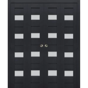 Sliding Closet Double Bi-fold Doors | Veregio 7455 Antracite with Frosted Glass | Sturdy Tracks Moldings Trims Hardware Set | Wood Solid Bedroom Wardrobe Doors 