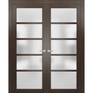 Solid French Double Doors | Quadro 4002 Chocolate Ash with Frosted Glass | Wood Solid Panel Frame Trims | Closet Bedroom Sturdy Doors 