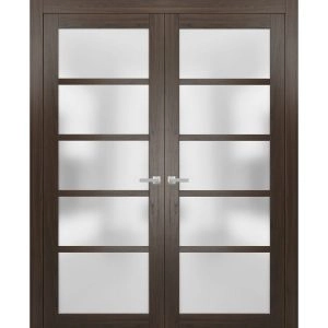 Solid French Double Doors | Quadro 4002 Chocolate Ash with Frosted Glass | Wood Solid Panel Frame Trims | Closet Bedroom Sturdy Doors 