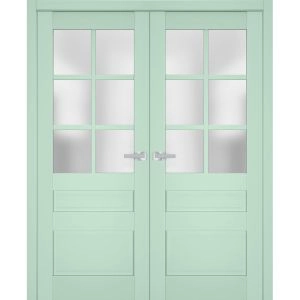 Interior Solid French Double Doors | Veregio 7339 Oliva with Frosted Glass | Wood Solid Panel Frame Trims | Closet Bedroom Sturdy Doors 