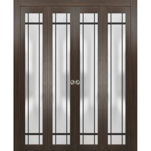 Sliding Closet Double Bi-fold Doors | Planum 2112 Chocolate Ash with Frosted Glass and Aluminum Strips | Sturdy Tracks Moldings Trims Hardware Set | Wood Solid Bedroom Wardrobe Doors