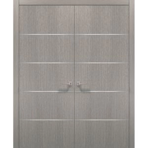 French Double Interior Doors with Hardware | Planum 0020 Grey Oak | Pre-hung Panel Frame Trims | Bathroom Bedroom Interior Sturdy Door