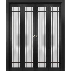 Sliding Closet Double Bi-fold Doors | Planum 2112 Matte Black with Frosted Glass and Aluminum Strips | Sturdy Tracks Moldings Trims Hardware Set | Wood Solid Bedroom Wardrobe Doors
